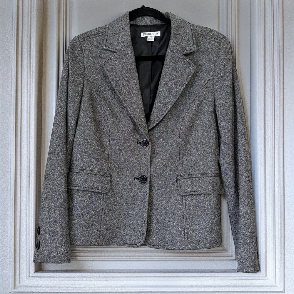 Vintage Pendleton Heather Gray Virgin Wool Silk Cropped Blazer Size 10 Career
